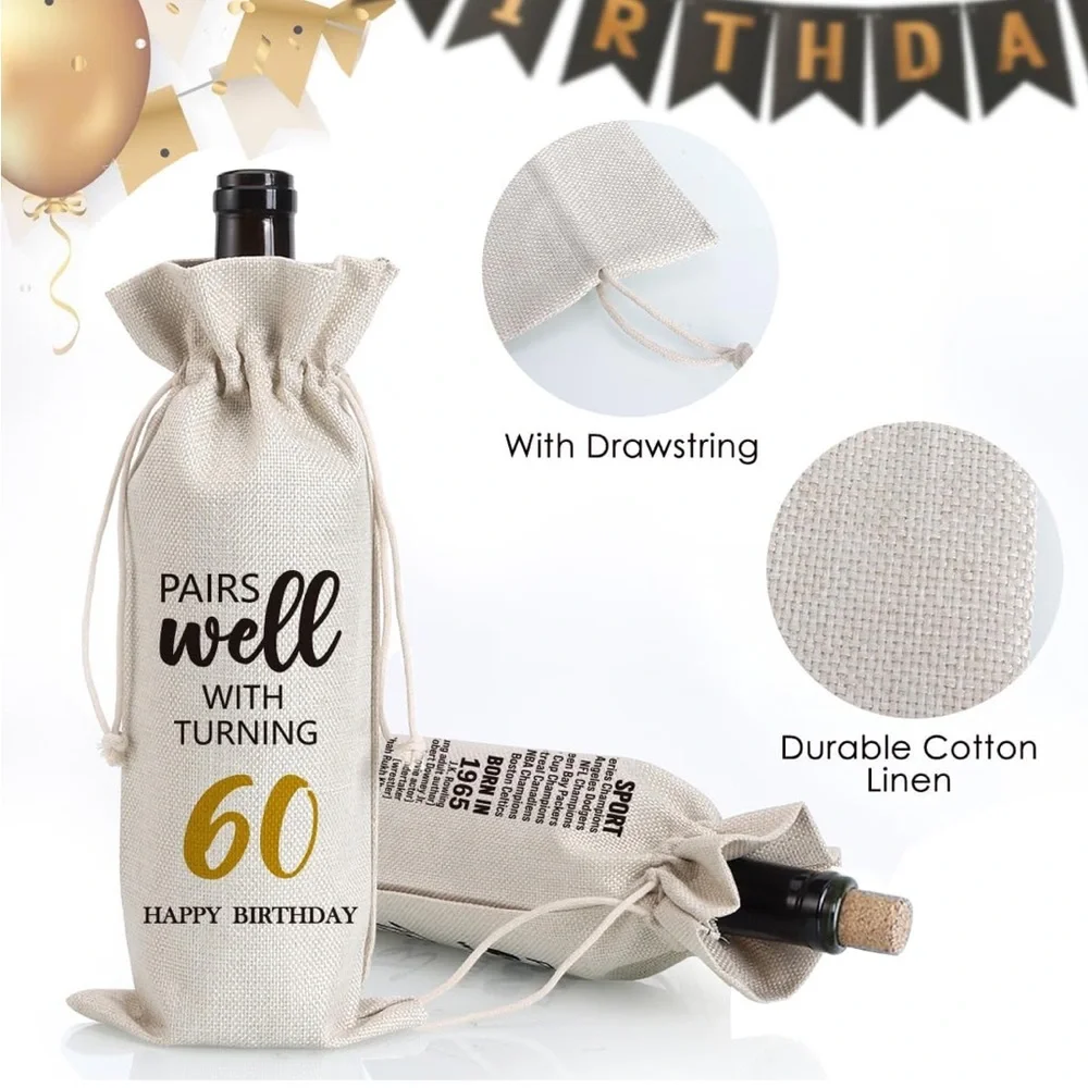 Pairs Well with Turning 60 burlap wine bag NEW